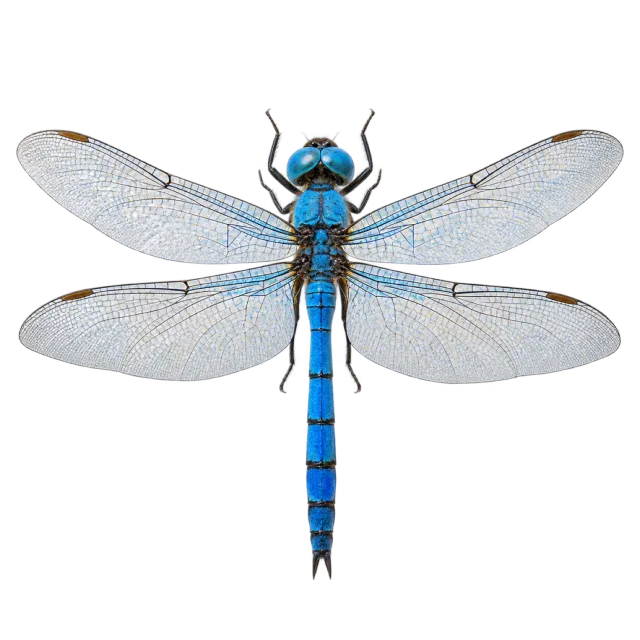 Blue dragonfly viewed from above with four translucent veined wings on a transparent background