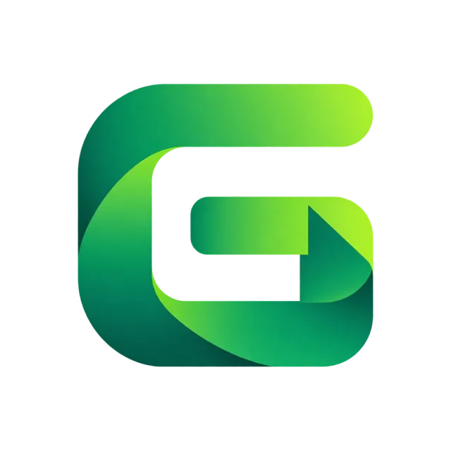 Rounded green bands curl into a G with a folded inner corner