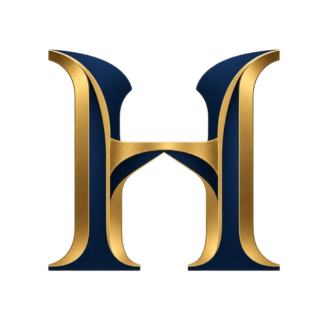 A serif H has dark navy faces, gold-colored edges and an arched connecting stroke