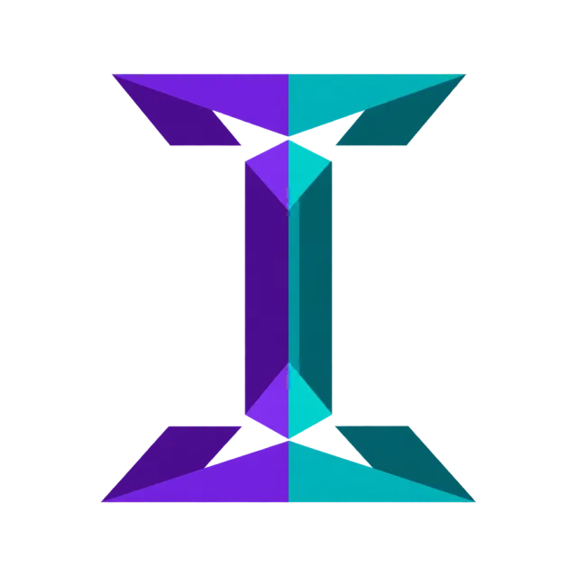 Faceted purple and teal shapes form an I with wide pointed top and bottom bars