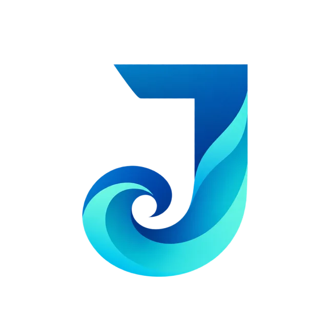 A blue J curls into a turquoise wave at its lower end