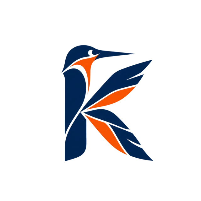 A long-beaked bird motif and pointed feather shapes form a navy-and-orange K