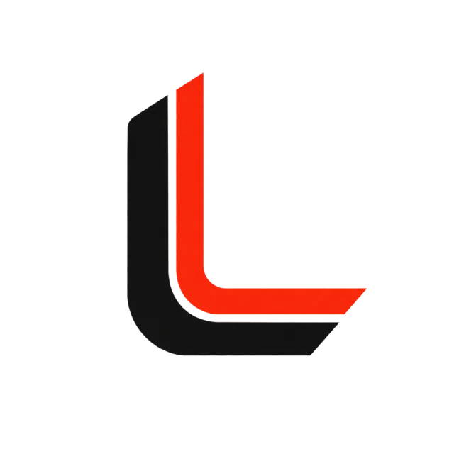 Parallel black and red bands bend into an L with rounded inner corners