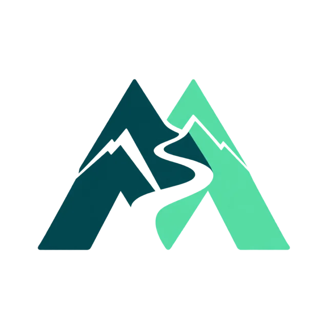 Two mountain-like peaks form an M with white summit lines and a winding center path