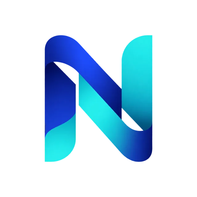 Interwoven blue and aqua bands form an N with a folded diagonal stroke