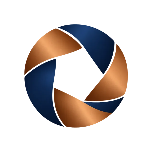 Curved navy and copper-colored blades form a circular aperture-like O