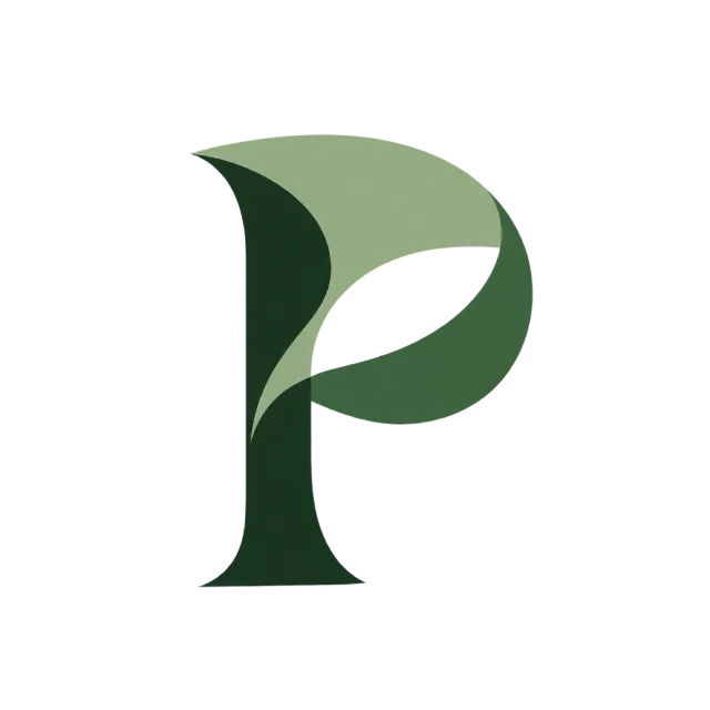 A serif P contains a curved pale petal-like opening within its rounded upper section