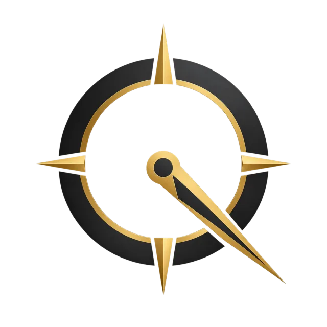 A circular compass motif forms a Q with gold-colored points and a diagonal needle