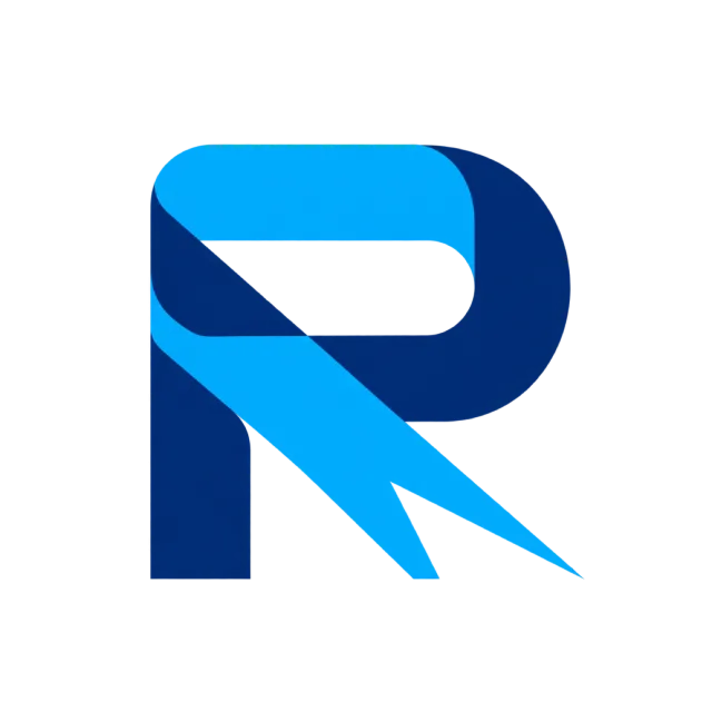 A rounded R has blue bands and a pointed cyan path extending from its lower stroke