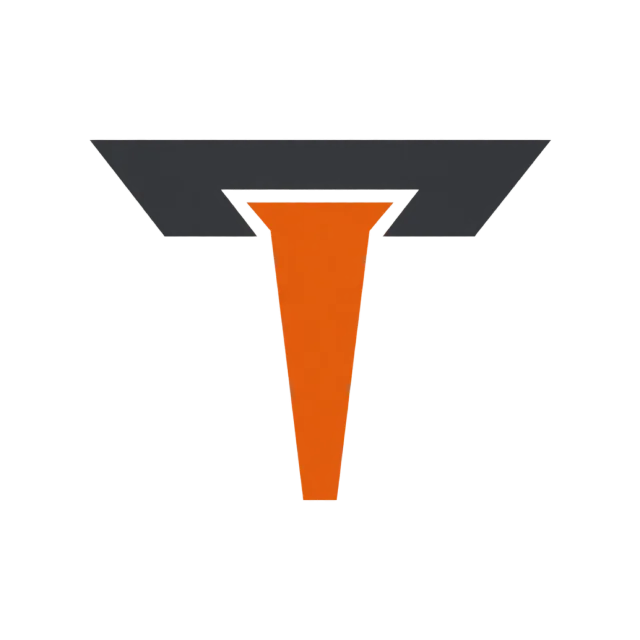 A wide dark top bar and a tapered orange stem form a geometric T