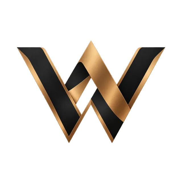 Overlapping black and gold-colored angular bands form a woven W
