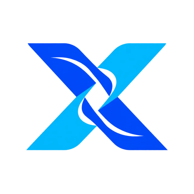 Crossing blue and cyan bands form an X with twisting white accents at the center