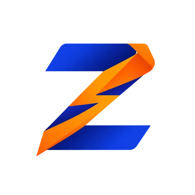 A blue Z is crossed by a folded orange lightning-like diagonal