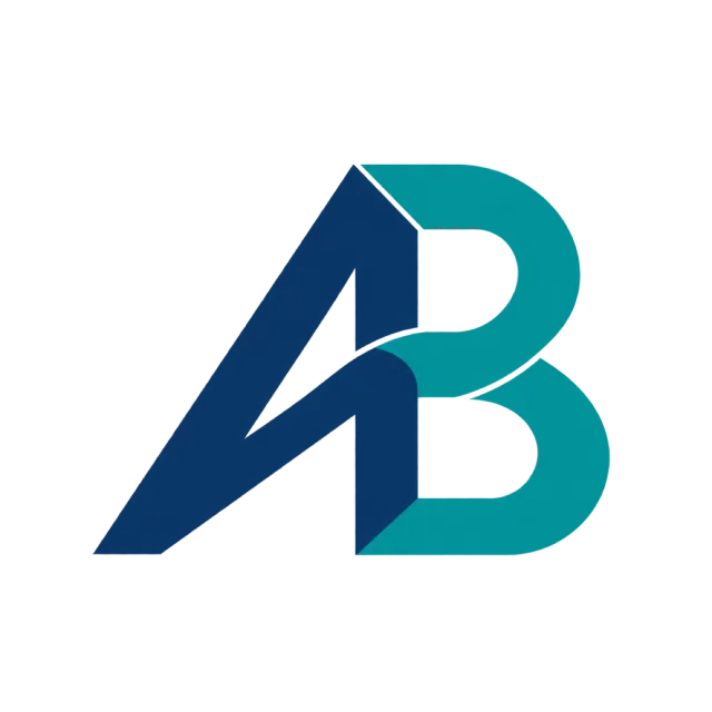 AB monogram in navy and teal with angular joined strokes with an arrow-like opening