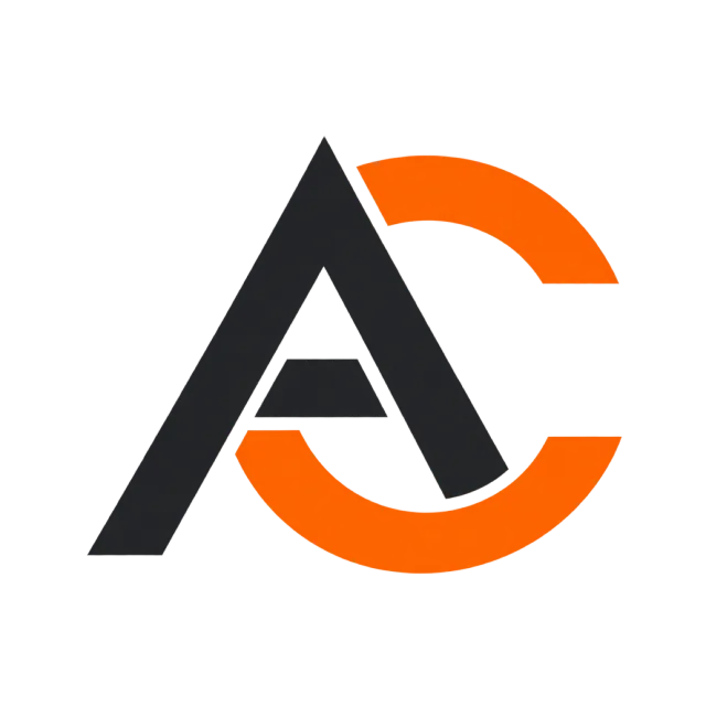 AC monogram in charcoal and orange with a dark triangular A overlapping an open orange C