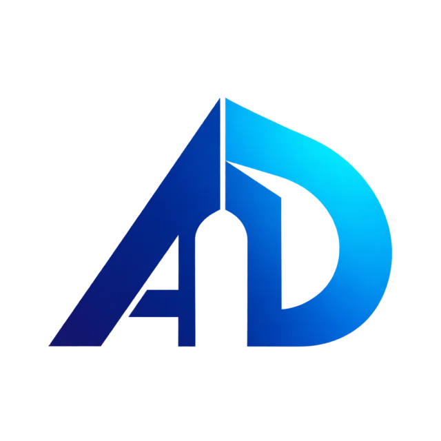 AD monogram in blue and cyan with upright angular strokes divided by fine white cuts