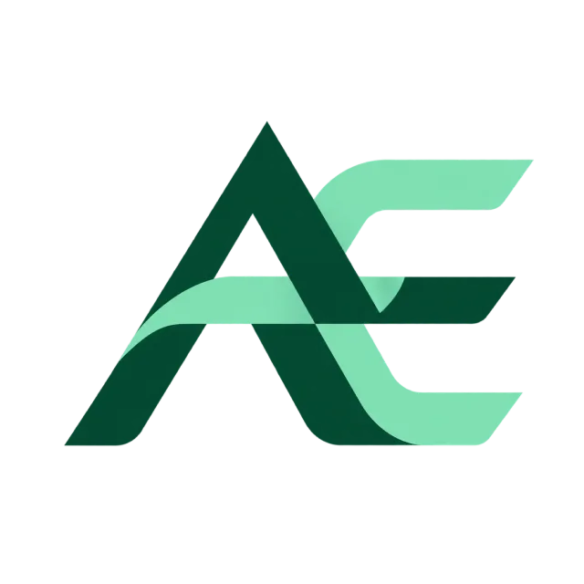 AE monogram in forest and mint green with interlocking angular strokes with a pale horizontal band