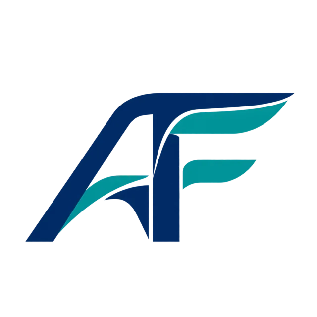 AF monogram in navy and teal with slanted strokes and tapered wing-like crossbars