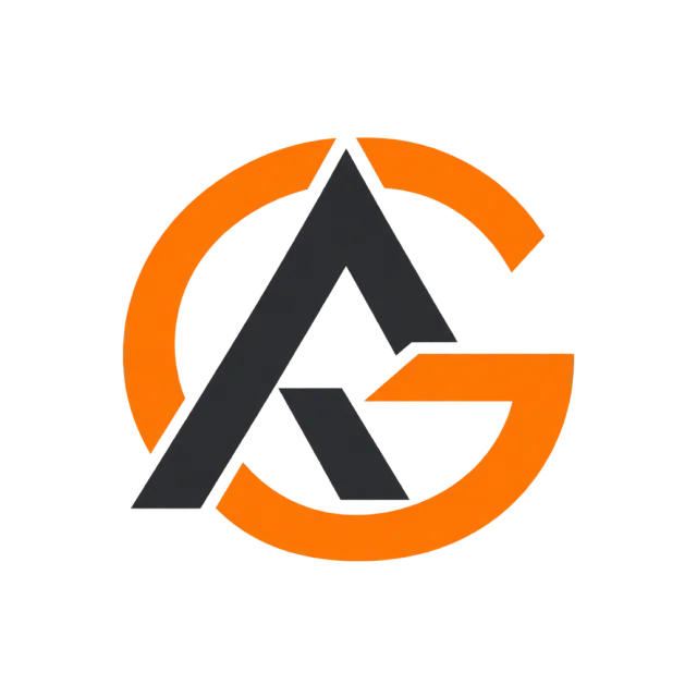 AG monogram in charcoal and orange with a dark triangular A inside an orange circular G