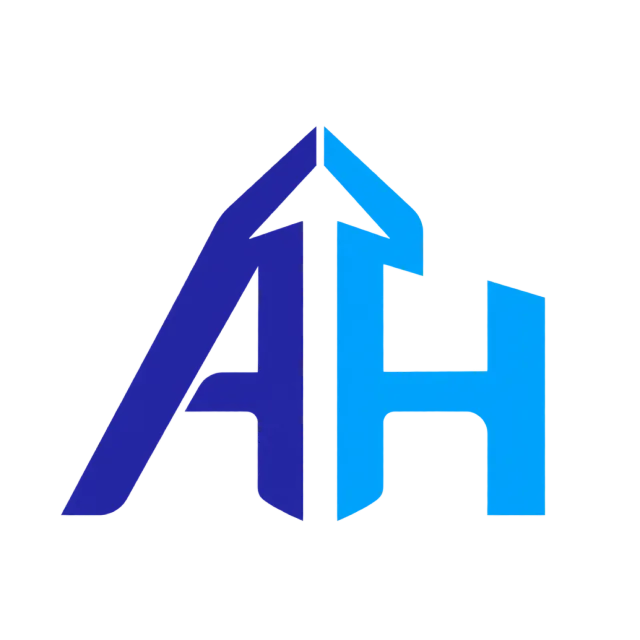 AH monogram in blue and cyan with tall pointed strokes with an upward arrow-like center