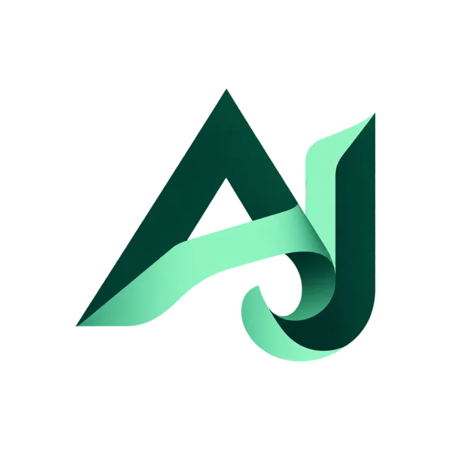 AJ monogram in forest and mint green with a triangular A crossing a curled J