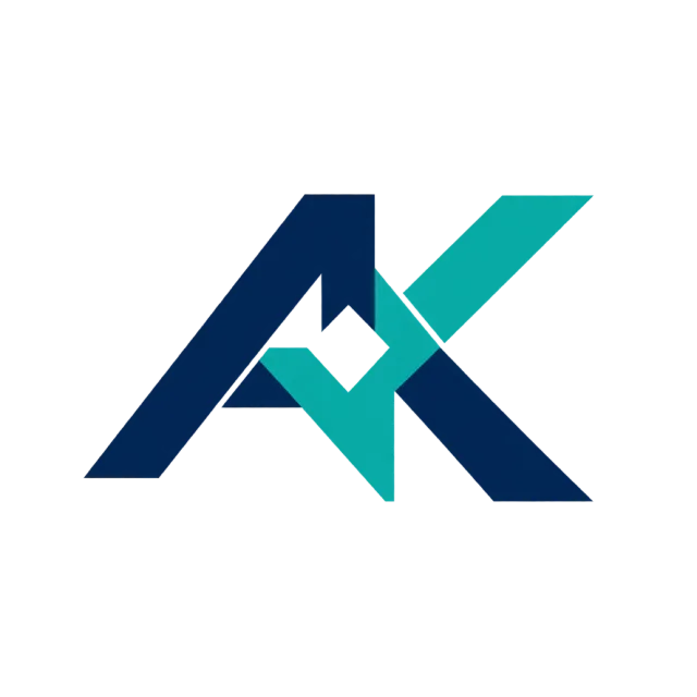 AK monogram in navy and teal with angular crossed strokes with a small white diamond opening