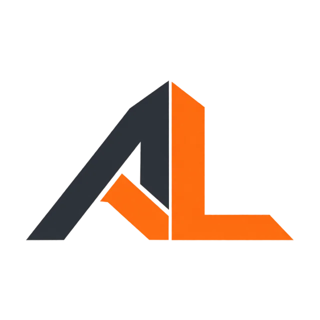 AL monogram in charcoal and orange with a dark sloping A joined to an orange L