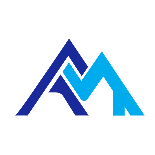 AM monogram in blue and cyan with overlapping peaked strokes separated by thin white lines