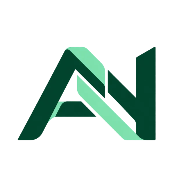 AN monogram in forest and mint green with angular upright strokes crossed by a pale diagonal band