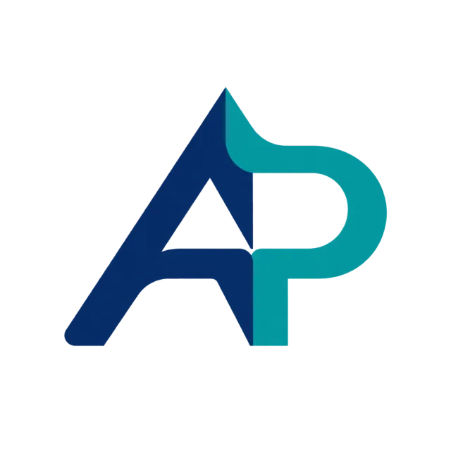 AP monogram in navy and teal with a triangular A joined to a rounded P
