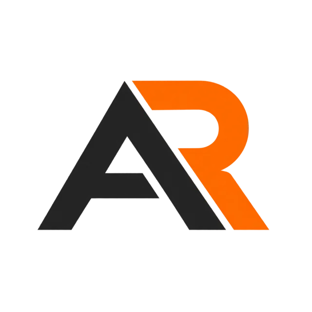 AR monogram in charcoal and orange with a dark A sharing space with an orange curved R