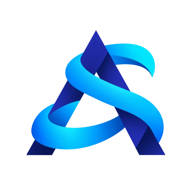 AS monogram in blue and cyan with a bright curved S ribbon wrapping around a pointed A