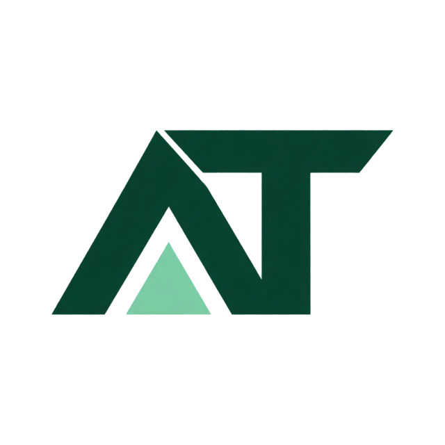 AT monogram in forest and mint green with a triangular A joined to a broad top bar