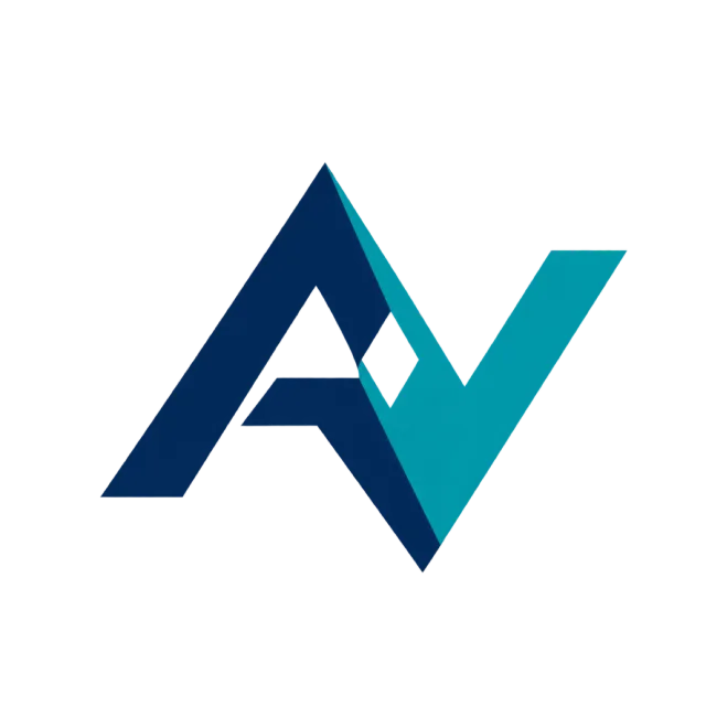 AV monogram in navy and teal with two angular letterforms joined around a white diagonal gap