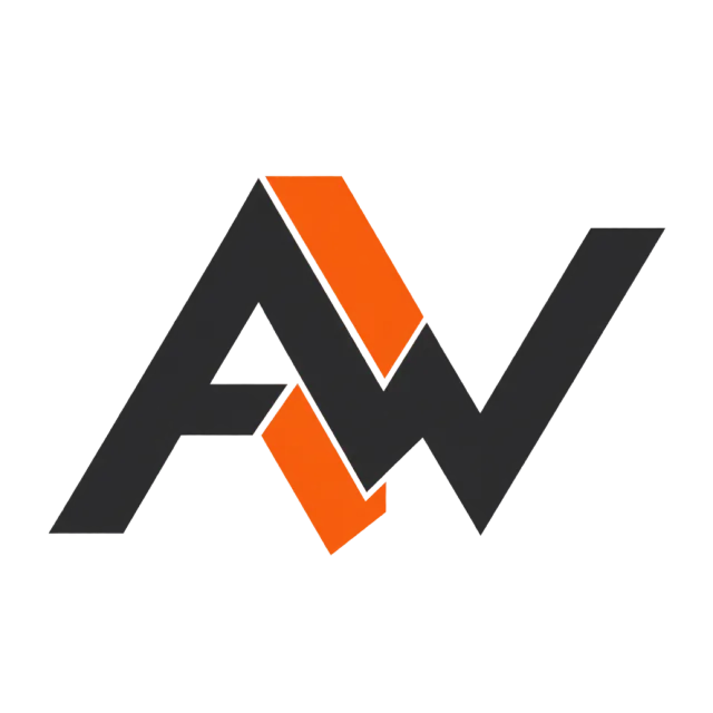 AW monogram in charcoal and orange with zigzag interlocking strokes with orange inset segments