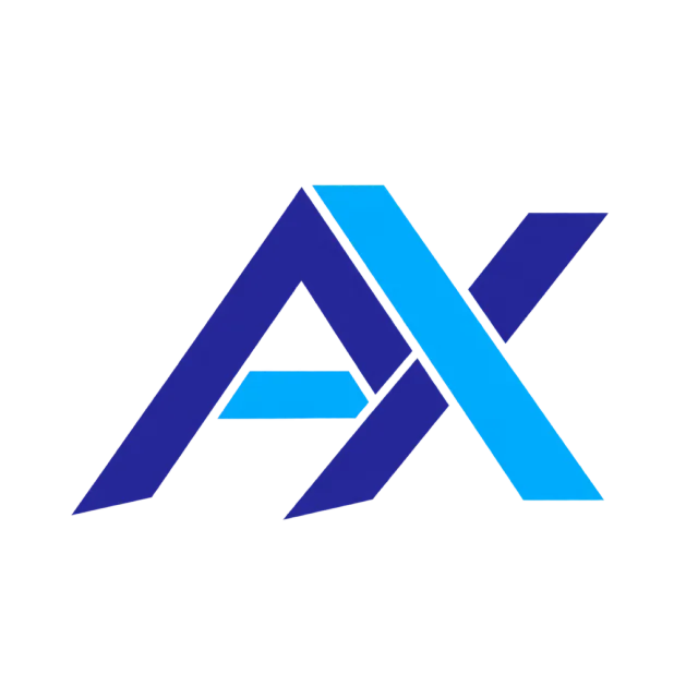 AX monogram in blue and cyan with crossing angular strokes with narrow white separations