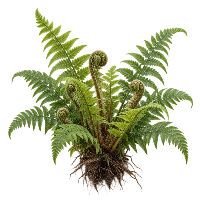 Green fern with arching divided fronds, curled new shoots and visible roots on a transparent background