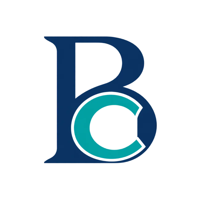 BC monogram in navy and teal with a dark serif B surrounding a teal circular C