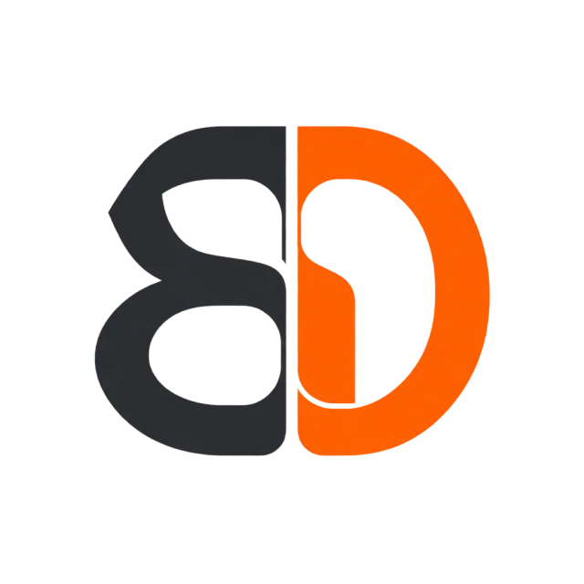 BD monogram in charcoal and orange with two rounded letterforms split into dark and orange halves