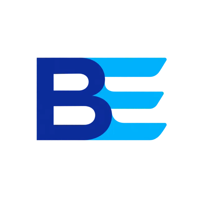 BE monogram in blue and cyan with a dark rounded B joined to three bright horizontal bands