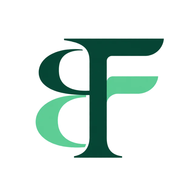 BF monogram in forest and mint green with mirrored rounded strokes sharing an upright stem