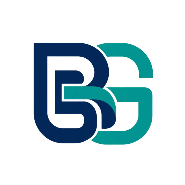 BG monogram in navy and teal with rounded interlocking strokes with a white inset outline