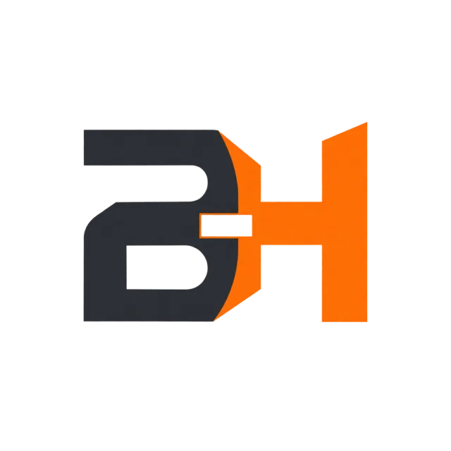 BH monogram in charcoal and orange with block-like strokes joined around an orange crossbar