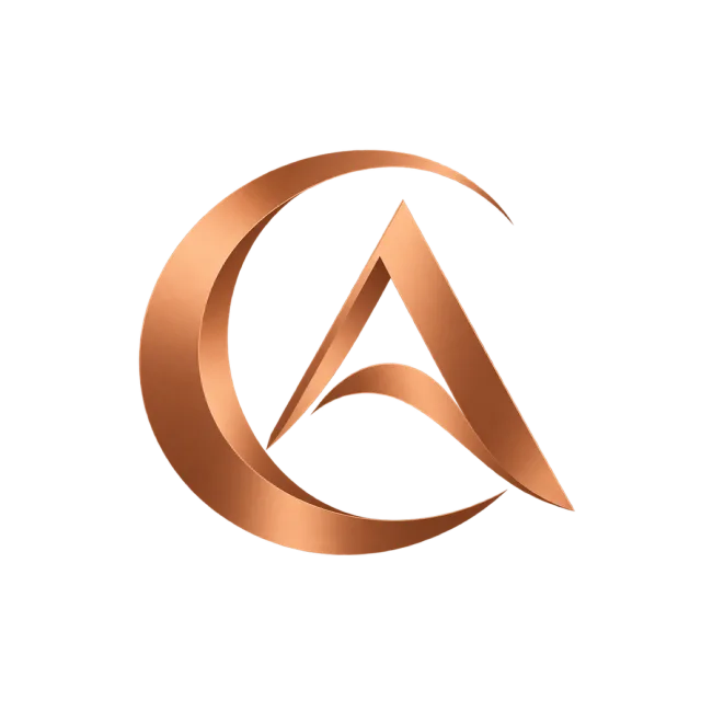 CA monogram in copper gradient with a curved metallic-style C surrounding a pointed A