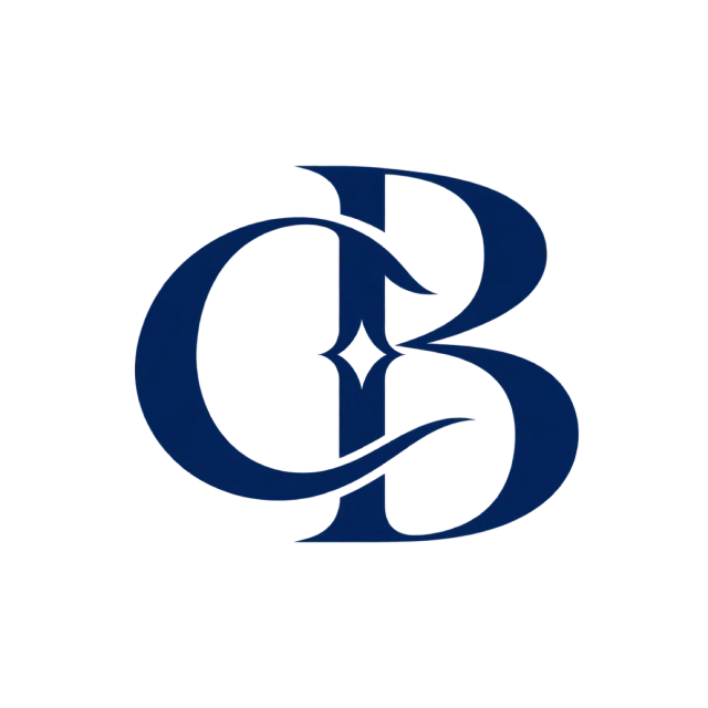 CB monogram in navy blue with overlapping serif curves with a small diamond-shaped center