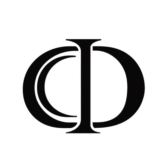 CD monogram in black with tall serif strokes with concentric curved outlines