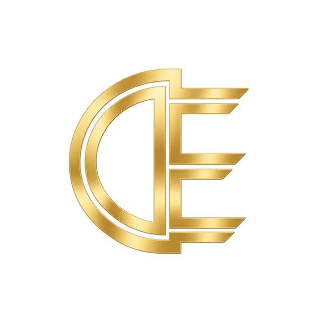 CE monogram in gold gradient with a curved outer band joined to three horizontal strokes