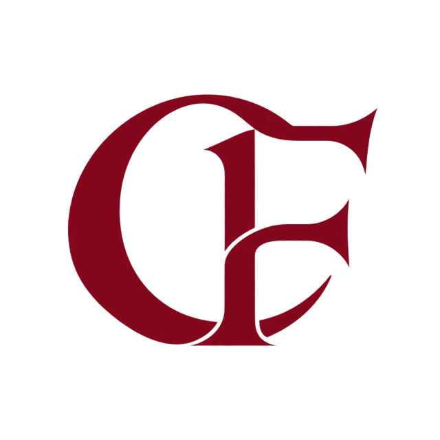 CF monogram in burgundy with overlapping serif curves and a pointed upper bar