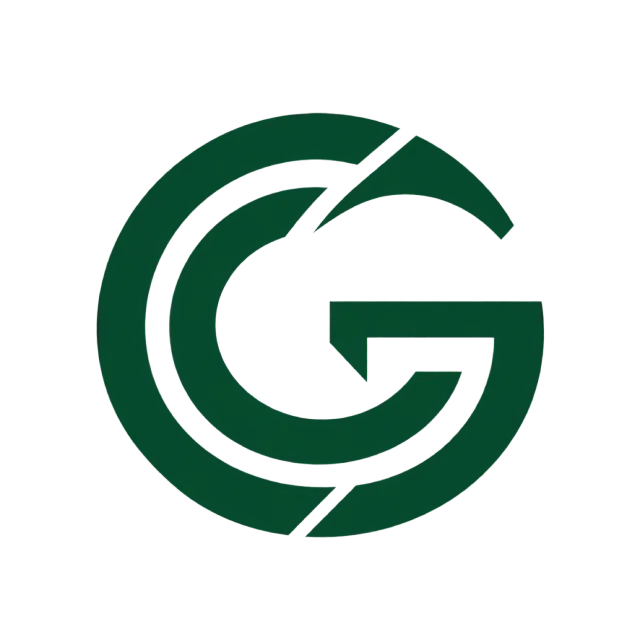 CG monogram in forest green with an open circular outer stroke around a G with diagonal cuts