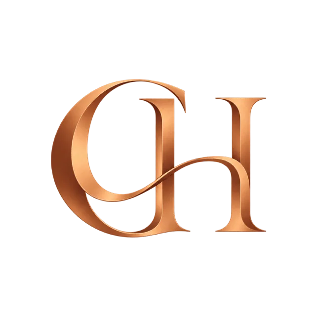 CH monogram in copper gradient with overlapping thin and thick serif strokes with metallic-style shading